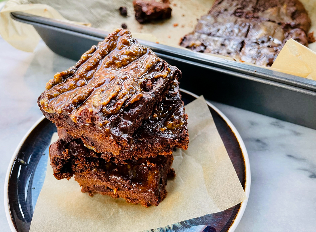 Vegan Double Chocolate Brownie stack on a plate