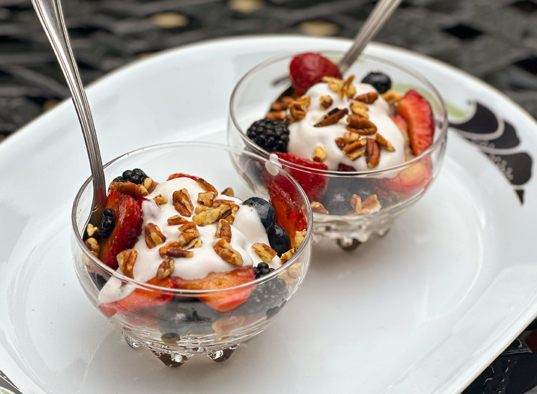 Juicy Blueberry Fruit Salad parfait with coconut yogurt and pecans