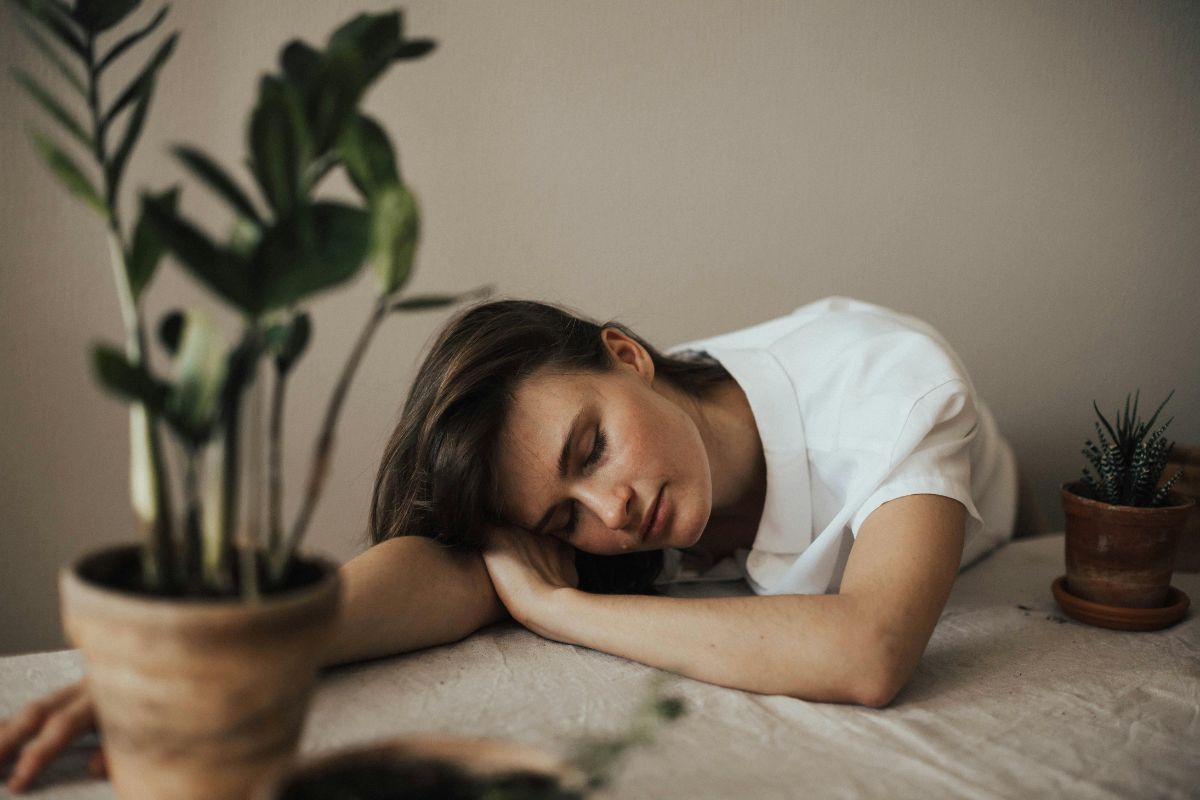 Woman sleeping with her head and arms laying on desk, next to house plant.